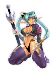 Rule 34 | 1girl, black panties, blue eyes, blue hair, boots, breasts, cleavage, earrings, hair weapon, highleg, highleg panties, homare (fool&#039;s art), jewelry, kneeling, light smile, long hair, long pointy ears, matching hair/eyes, original, panties, pointy ears, simple background, solo, sword, thigh boots, thighhighs, twintails, underwear, weapon, white background
