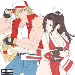 Rule 34 | 1boy, 1girl, anger vein, annoyed, artist logo, artist name, baseball cap, belt, black gloves, blonde hair, blue eyes, breasts, brown eyes, brown hair, caiman (artist), cleavage, denim, fatal fury, fingerless gloves, gloves, hand fan, hat, height difference, holding, holding fan, jeans, large breasts, long hair, low-tied long hair, matching hair/eyes, muscular, muscular male, pants, ponytail, red vest, revealing clothes, shiranui mai, shirt, standing, street fighter, street fighter 6, terry bogard, torn clothes, torn sleeves, vest, white shirt