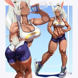 1girl 2025 abs absurdres animal_ears armpits artist_name ass bare_arms bare_legs bare_shoulders bike_shorts blue_background blue_shorts boku_no_hero_academia border bottle breasts castell cleavage clothes_pull clothing_cutout collarbone commentary crescent_print dark-skinned_female dark_skin drinking english_commentary hand_on_own_hip high_tops highres holding holding_bottle kneepits large_breasts legs long_eyelashes long_hair looking_at_viewer mirko muscular muscular_female navel open_mouth parted_bangs parted_lips rabbit_ears rabbit_girl rabbit_tail red_eyes shoes short_shorts shorts shorts_pull smile sneakers sports_bra stomach sweat tail tail_through_clothes thick_thighs thighs water_bottle white_border white_hair white_sports_bra