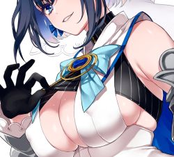Rule 34 | 1girl, armpit crease, blue eyes, blue hair, breasts, cape, cleavage, clothes lift, covered erect nipples, crop top, detached sleeves, gloves, grin, hololive, hololive english, large breasts, mamaloni, ouro kronii, ouro kronii (1st costume), puffy nipples, shirt lift, short hair, simple background, smile, solo, unfinished, upper body, virtual youtuber, white background, zipper