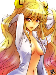 Rule 34 | 1girl, blonde hair, breasts, brown eyes, cleavage, code geass, code geass: boukoku no akito, collarbone, hands in hair, kuonxkuon, leila malcal, long hair, looking at viewer, medium breasts, navel, open clothes, open shirt, shirt, solo, upper body, white shirt