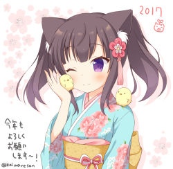 Rule 34 | &gt; &lt;, 1girl, 2017, ;), animal, animal ears, animal on shoulder, artist name, bird, bird on shoulder, blue kimono, blush, brown hair, cat ears, chick, commentary request, floral print, hair ornament, holding, holding animal, japanese clothes, kaiware-san, kimono, long sleeves, nengajou, new year, obi, one eye closed, original, print kimono, purple eyes, sash, short twintails, smile, solo, translation request, twintails, upper body, white background, wide sleeves