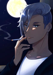 Rule 34 | 1boy, absurdres, bishounen, blue eyes, cigarette, contemporary, earrings, full body, grey hair, hair between eyes, hand up, highres, holding, holding cigarette, jewelry, looking at viewer, male focus, moon, nakukaba, night, night sky, revenger, shirt, sky, smoking, solo, usui yuen, white shirt