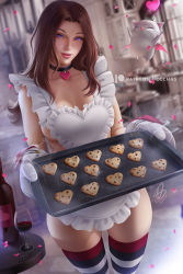 Rule 34 | 1girl, apron, blurry, blurry background, bottle, breasts, brown hair, choker, collarbone, cookie, cup, drinking glass, dutch angle, final fantasy, final fantasy xiv, food, forehead, frilled apron, frills, heart, heart choker, hyur, lips, long hair, medium breasts, mole, mole under mouth, moogle, naked apron, olchas, oven mitts, petals, purple eyes, sideboob, signature, skindentation, smile, solo, striped clothes, striped thighhighs, thighhighs, valentine, warrior of light (ff14), wine bottle, wine glass
