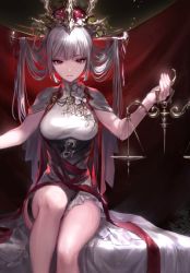 Rule 34 | 1girl, balance scale, breasts, capelet, dress, expressionless, gown, headdress, holding, irua, justice (tarot), large breasts, long hair, looking at viewer, original, pale skin, red eyes, red ribbon, ribbon, silver hair, sitting, solo, tarot, tarot (medium), thigh strap, vampire, weighing scale