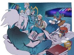 Rule 34 | 3girls, 5boys, asymmetrical sleeves, battle bunny riven, bed, blue dress, blue hair, blue pants, blue shirt, blush, book, closed eyes, cup, dress, eyepatch, facial hair, facial mark, fever, galaxy slayer zed, gloves, goggles, hands on own head, headphones, holding, holding cup, hood, ice pack, jinx (league of legends), k/da (league of legends), kayn (league of legends), league of legends, long hair, looking afar, looking at another, lying, magazine (object), malphite, multiple boys, multiple girls, odyssey jinx, odyssey kayn, odyssey malphite, odyssey sona, odyssey yasuo, odyssey ziggs, on bed, orange hair, pants, ponytail, pouring, prosthesis, prosthetic arm, reading, riven (league of legends), shirt, sick, sitting, sona (league of legends), space, spacecraft, star guardian (league of legends), tattoo, tea, thermometer, twintails, uneven sleeves, white hair, yasuo (league of legends), zaket07, zed (league of legends), ziggs