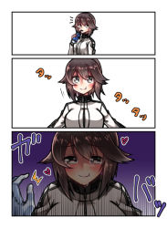 Rule 34 | 10s, 1girl, :t, black eyes, blush, bottle, breasts, brown hair, comic, commentary request, hayasui (kancolle), heart, heart-shaped pupils, imminent kiss, incoming kiss, jacket, kantai collection, large breasts, long sleeves, looking at viewer, short hair, smile, solo focus, symbol-shaped pupils, track jacket, water bottle, yokai (yokai0401), you gonna get raped