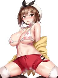 Rule 34 | 1girl, absurdres, atelier (series), atelier ryza, atelier ryza 1, bad id, bad pixiv id, bikini, bikini top only, blush, breasts, brown eyes, brown hair, fary5, floral print, hair ornament, hairclip, hat, highres, jewelry, large breasts, looking at viewer, navel, necklace, open mouth, red shorts, reisalin stout, short hair, short shorts, shorts, simple background, skindentation, solo, star (symbol), sweat, swimsuit, thighhighs, thighs, white background, white bikini, white hat, white thighhighs