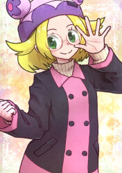 Rule 34 | 1girl, alternate costume, beanie, bianca (pokemon), black jacket, blonde hair, blush, buttons, clenched hand, closed mouth, commentary request, creatures (company), double-breasted, game freak, glasses, green eyes, happy, hat, highres, jacket, kotobukkii (yt lvlv), long sleeves, looking at viewer, medium hair, nintendo, open clothes, open jacket, pokemon, pokemon bw2, purple hat, round eyewear, smile, solo, split mouth, spread fingers, sweater, turtleneck, turtleneck sweater, yellow sweater