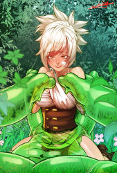 Rule 34 | 1girl, blush, breasts, cleavage, deathwingxiii, folded ponytail, league of legends, red eyes, riven (league of legends), short hair, transparent, white hair, zac (league of legends)