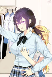 Rule 34 | 2girls, ahoge, bad id, bad pixiv id, beifeng han, black hair, blonde hair, blouse, blue shirt, blush, grabbing another&#039;s breast, breasts, cyou shigen, dated, earrings, glowing, grabbing, grabbing from behind, gradient hair, hair between eyes, hand on own hip, height difference, highres, indoors, jewelry, large breasts, long hair, looking up, md5 mismatch, miyaura sanshio, multicolored hair, multiple girls, original, ponytail, purple eyes, purple hair, selfie, shirt, short sleeves, tongue, tongue out, twintails, uniform, wavy hair