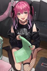 Rule 34 | 1girl, absurdres, black nails, black ribbon, black thighhighs, blush, choker, clothes hanger, couch, earclip, fang, fishnet thighhighs, fishnets, folding clothes, hair ribbon, highres, hinamizawa hinami (tetto), indoors, laundry basket, nail polish, original, pink eyes, pink hair, ribbon, shirt, shorts, single thighhigh, sitting, solo, t-shirt, tetto (onnoveltet), thighhighs, two side up, wariza, wooden floor, zipper, zipper top