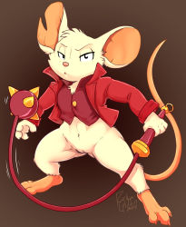 Rule 34 | 1girl, absurdres, animal ears, flail, furry, highres, jacket, mina (mina the hollower), mina the hollower, mouse ears, mouse girl, mouse tail, notched ear, pussy, rick griffin, tail, third, third-party edit, weapon, whip, yacht club games