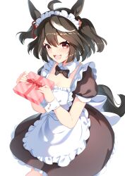 Rule 34 | 1girl, absurdres, ahoge, alternate costume, animal ears, apron, black dress, black hair, blush, bob cut, box, breasts, cleavage, commentary request, dress, enmaided, frilled apron, frills, hair between eyes, highres, holding, holding box, horse ears, horse girl, horse tail, kitasan black (umamusume), looking at viewer, maid, maid apron, maid headdress, multicolored hair, open mouth, puffy short sleeves, puffy sleeves, red eyes, short hair, short sleeves, simple background, smile, solo, streaked hair, sunny (20597521), tail, two side up, umamusume, white background, white hair, white headdress, white headwear, white wrist cuffs, wrist cuffs