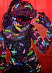 Rule 34 | 1girl, avasdemon, bandaid, black eyes, box, brown hair, colored sclera, english text, hand up, looking at viewer, original, ponytail, red background, red sclera, solo, upper body