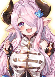 Rule 34 | 1girl, blush, braid, breasts, bucchake (asami), draph, granblue fantasy, horns, large breasts, long hair, looking at viewer, narmaya (granblue fantasy), one eye covered, open mouth, pointy ears, purple eyes, purple hair, shirt, side braid, single braid, sleeveless, smile, solo, white shirt