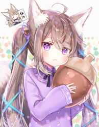 Rule 34 | 1girl, :&lt;, :3, ^ ^, acorn, acorn hair ornament, ahoge, animal ear fluff, animal ears, brown hair, child, closed eyes, commentary request, fang, fang out, fox ears, fox girl, fox tail, hair ribbon, long hair, long sleeves, original, oversized food, oversized object, pajamas, purple eyes, ribbon, rucaco, sleeves past wrists, tail, translation request, twintails