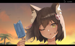 Rule 34 | 1girl, animal ear fluff, animal ears, bird, blue archive, blush, closed mouth, commentary, english text, eyeshadow, food, food on face, fox ears, hair ornament, hand up, highres, holding, holding food, izuna (blue archive), izuna (swimsuit) (blue archive), letterboxed, looking at viewer, makeup, nnn051821, one eye closed, outdoors, outside border, palm tree, popsicle, portrait, short hair, solo, sunset, sweat, tongue, tongue out, tree, twitter username, yellow eyes