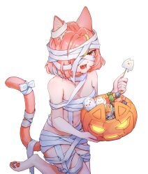 Rule 34 | 1girl, :d, animal ear fluff, animal ears, animal feet, bandage over one eye, bandages, blonde hair, breasts, candy, cat ears, cat girl, cat tail, food, halloween bucket, halloween costume, highres, lingxia, lollipop, medium breasts, multicolored hair, mummy costume, naked bandage, one eye covered, open mouth, original, pink hair, red eyes, shaped lollipop, smile, solo, streaked hair, tail, two-tone hair