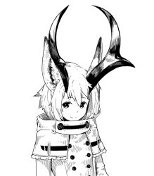 Rule 34 | animal ears, antlers, buttons, capelet, closed mouth, greyscale, hair between eyes, horns, jacket, jaco, long sleeves, looking at viewer, monochrome, original, short hair, simple background, smile, solo, white background