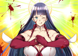 Rule 34 | 1girl, aqua eyes, bikini, blood, blood on face, blood on hands, blood splatter, blush, breasts, choker, clenched hand, cracking knuckles, cross, cross choker, earrings, elbow gloves, fate/grand order, fate (series), fingerless gloves, fist in hand, frilled bikini, frills, gloves, grin, jewelry, large breasts, licking lips, long hair, looking at viewer, martha (fate), martha (swimsuit ruler) (fate), martha (swimsuit ruler) (third ascension) (fate), muscular, muscular female, one eye closed, own hands together, purple hair, smile, solo, straight hair, swimsuit, tobisawa, tongue, tongue out, you&#039;re doing it wrong