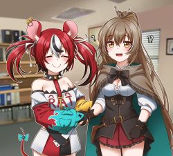 Rule 34 | 2girls, ?, ??, absurdres, animal ears, asymmetrical sleeves, blush, breasts, cape, cleavage, closed eyes, commentary, english commentary, feathers, gloves, hakos baelz, highres, hololive, hololive english, jan azure, long sleeves, medium breasts, meme, mismatched sleeves, mouse ears, mousetrap, multiple girls, nanashi mumei, office, red hair, shirt, skirt, smile, the office, virtual youtuber, white shirt, young michael scott shaking ed truck&#039;s hand (meme)