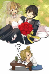Rule 34 | 1boy, 1girl, barakamon, black hair, blonde hair, bouquet, breasts, bridal veil, brown eyes, calligraphy brush, carrying, child, child&#039;s drawing, cleavage, clenched teeth, cup, dreaming, dress, drooling, elbow gloves, flower, gloves, handa seishuu, highres, igneous25, jacket, kotoishi naru, necktie, aged up, open mouth, paintbrush, pants, pillow, ponytail, princess carry, role reversal, sitting, sleeping, smile, strapless, strapless dress, table, teeth, veil, wedding, wedding dress, white dress, white gloves