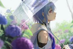 Rule 34 | 1boy, absurdres, arknights, backlighting, bare shoulders, blue hair, blue hat, clothing cutout, collar, dappled sunlight, day, flower, from side, hat, highres, holding, holding umbrella, hood, hood down, hydrangea, infection monitor (arknights), looking at viewer, looking to the side, mizuki (arknights), neckerchief, outdoors, profile, purple neckerchief, short hair with long locks, shoulder cutout, sideways glance, sunlight, tadano tarako, transparent, transparent umbrella, umbrella, upper body