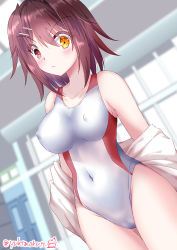 Rule 34 | 1girl, breasts, brown hair, cameltoe, cleft of venus, commentary request, competition swimsuit, covered erect nipples, covered navel, cowboy shot, dutch angle, furutaka (kancolle), glowing, glowing eye, heterochromia, jacket, kantai collection, large breasts, looking at viewer, one-piece swimsuit, short hair, solo, swimsuit, tamagawa yukimaru, twitter username, white jacket, white one-piece swimsuit, yellow eyes