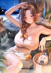 Rule 34 | 1girl, absurdres, arm up, blush, breasts, brown hair, bucket, cleavage, closed mouth, earrings, food, fruit, hair over shoulder, highres, jewelry, large breasts, long hair, looking at viewer, meion, mole, mole under mouth, naked towel, onsen, partially submerged, pink nails, pointy ears, providence project, purple eyes, ribbon braid, smile, solo, towel, virtual youtuber, water, wet, wooden bucket