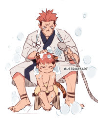 Rule 34 | 2boys, aged down, alternate universe, animal ears, barefoot, bath stool, bathing, child, closed eyes, dual persona, facial tattoo, full body, highres, holding, holding shower head, itadori yuuji, jujutsu kaisen, kemonomimi mode, lightningstrikes, looking at another, male focus, multiple boys, pink hair, ryoumen sukuna (jujutsu kaisen), short hair, shower head, simple background, sitting, soap bubbles, stool, tail, tattoo, tiger boy, tiger ears, tiger tail, twitter username, undercut, washing another, water, white background