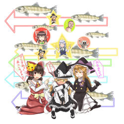 Rule 34 | 1boy, 6+girls, ascot, azusa (cookie), black coat, black footwear, black gloves, black headwear, black skirt, blonde hair, blouse, boots, bow, braid, breasts, brown hair, coat, commentary request, cookie (touhou), creatures (company), crying, crying with eyes open, cup, detached sleeves, fish, frilled bow, frilled hair tubes, frilled shirt collar, frills, full body, game freak, gen 1 pokemon, genpatsu (cookie), gloves, green bow, green eyes, grey hair, haiperion buzan, hair between eyes, hair bow, hair tubes, hakurei reimu, hat, hat bow, highres, holding, holding microphone, holding poke ball, inmu-kun, izayoi sakuya, kanna (cookie), kirisame marisa, long hair, long skirt, looking at another, maid, maid headdress, manatsu no yo no inmu, mars (cookie), mask, mask on head, medium breasts, microphone, miura daisenpai, multiple girls, nintendo, open mouth, partially fingerless gloves, pikachu, poke ball, pokemon, purple bow, red bow, red eyes, red scarf, red skirt, rei (cookie), reu (cookie), scarf, shirt, side braid, single braid, sitting, skirt, sleeveless, sleeveless shirt, smile, star (symbol), tears, touhou, translation request, uzuki (cookie), white background, white bow, white sleeves, witch hat, yellow ascot, yunomi