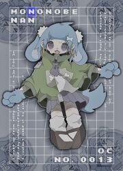 Rule 34 | 1girl, @ @, absurdres, animal ears, animal hands, blue fur, blue hair, bone hair ornament, brown footwear, collared jacket, dog ears, dog girl, dog tail, fang, full body, green jacket, grey background, grey socks, grid background, hair ornament, hands up, high collar, highres, jacket, kneehighs, looking at viewer, mary janes, medium hair, neckerchief, nikamoka, open clothes, open jacket, open mouth, original, outstretched arms, pigeon-toed, pleated skirt, pom pom (clothes), pom pom hair ornament, purple eyes, purple neckerchief, purple serafuku, purple skirt, school uniform, serafuku, shoes, short eyebrows, sidelocks, skirt, socks, solo, spread arms, sweatdrop, tail, zipper