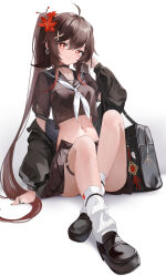 Rule 34 | 1girl, absurdres, ahoge, alternate costume, arm support, bag, bag charm, bare legs, berserker r, black bag, black choker, black footwear, black jacket, black nails, black sailor collar, boo tao (genshin impact), breasts, brown hair, brown serafuku, brown shirt, brown skirt, butterfly hair ornament, charm (object), choker, commentary request, crop top, crop top overhang, crossed ankles, earrings, flower, flower-shaped pupils, full body, genshin impact, grin, hair between eyes, hair flower, hair ornament, hand in own hair, hand up, highres, hu tao (genshin impact), jacket, jacket partially removed, jewelry, knees up, loafers, long hair, long sleeves, loose socks, medium breasts, midriff, miniskirt, nail polish, navel, neckerchief, o-ring, o-ring thigh strap, off shoulder, open clothes, open jacket, parted lips, pleated skirt, plum blossoms, red eyes, red flower, ribbed legwear, ring, sailor collar, school bag, school uniform, serafuku, shirt, shoes, shoulder bag, sidelocks, simple background, sitting, skirt, smile, socks, solo, stomach, symbol-shaped pupils, thigh strap, thighs, twintails, very long hair, vision (genshin impact), white background, white neckerchief, white socks
