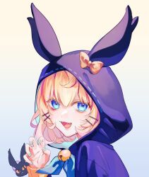 Rule 34 | 1girl, animal hood, bell, black eyes, blonde hair, blue eyes, blue nails, blue ribbon, bow, cat, claw pose, colored sclera, fangs, hair between eyes, highres, hood, looking at viewer, lucie (millie parfait), millie parfait, nail polish, nijisanji, nijisanji en, orange sclera, orange sweater, ribbed sweater, ribbon, senmi (vvv 1864), short hair, smile, solo, sweater, virtual youtuber, yellow bow