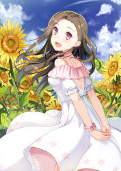 Rule 34 | 1girl, :d, arms behind back, brown hair, cloud, cloudy sky, cowboy shot, dance of eternity, day, dress, floating hair, flower, from side, highres, long dress, long hair, looking at viewer, looking back, open mouth, original, outdoors, pink eyes, short sleeves, sky, smile, solo, standing, sundress, white dress, wrist cuffs, yellow flower