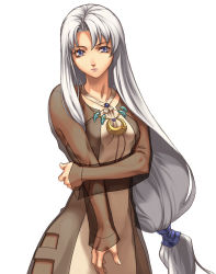 Rule 34 | 1girl, coat, crescent, crescent moon, dress, grey eyes, jewelry, little snow, long hair, low-tied long hair, moon, necklace, official art, see-through, simple background, solo, spectral (series), spectral force, white background, white hair