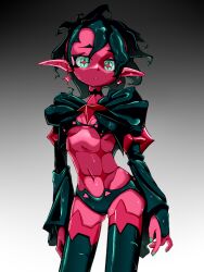 Rule 34 | + +, 1girl, arms at sides, black hair, breasts, bridal gauntlets, colored skin, doomsdaily333, earrings, gradient background, green eyes, grey background, highres, jewelry, long pointy ears, looking at viewer, messy hair, nail polish, navel, original, pointy ears, red skin, revealing clothes, short hair, shrug (clothing), small breasts, solo, thighhighs