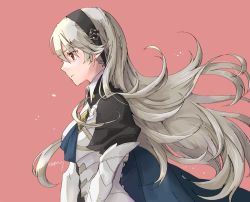Rule 34 | 1girl, black hairband, cape, closed mouth, corrin (female) (fire emblem), corrin (fire emblem), fire emblem, fire emblem fates, floating hair, from side, grey cape, grey hair, hair between eyes, hairband, long hair, nintendo, pink background, red eyes, robaco, solo, twitter username, upper body, very long hair