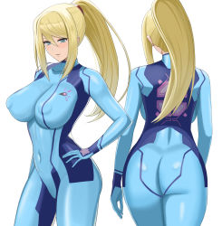 Rule 34 | 1girl, ass, back, blonde hair, blue bodysuit, blue eyes, blush, bodysuit, breasts, covered erect nipples, covered navel, from behind, hand on own hip, highres, higofushi, large breasts, long hair, looking at viewer, metroid, multiple views, nintendo, parted lips, ponytail, samus aran, sidelocks, smile, swept bangs, thighs, zero suit