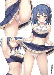 Rule 34 | 10s, 1girl, :o, alternate costume, armpits, arms up, blue hair, blue skirt, breasts, cameltoe, cheerleader, clothes lift, commentary request, crop top, double bun, hair bun, hat, kantai collection, leg lift, lifting own clothes, looking at viewer, medium breasts, midriff, miniskirt, multiple views, navel, panties, pantyshot, sailor hat, simple background, skirt, skirt lift, standing, sweat, underwear, urakaze (kancolle), white background, white hat, white panties, xe (execut3r)
