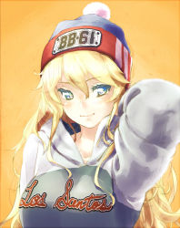 Rule 34 | 10s, 1girl, alternate costume, beanie, blonde hair, blue eyes, grand theft auto, grand theft auto: san andreas, hair between eyes, hat, hood, hooded sweater, hoodie, iowa (kancolle), kantai collection, long hair, okaemon, pom pom (clothes), rockstar, solo, star-shaped pupils, star (symbol), sweater, symbol-shaped pupils, upper body, yellow background