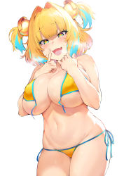 Rule 34 | 1girl, aqua hair, backlighting, bare shoulders, bikini, blonde hair, blush, bombergirl, breasts, cameltoe, colored skin, cowboy shot, fang, grenade hair ornament, groin, hands up, heavy breathing, highres, ikuchan kaoru, index finger raised, large breasts, legs together, looking at viewer, multicolored hair, multicolored skin, naughty face, navel, pine (bombergirl), raised eyebrows, short hair, side-tie bikini bottom, simple background, smile, solo, swimsuit, symbol-shaped pupils, thighs, two-tone hair, two side up, untied bikini, white background, yellow bikini