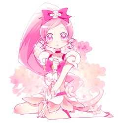 Rule 34 | 10s, 1girl, boots, cure blossom, dress, flower, hanasaki tsubomi, heart, heartcatch precure!, highres, knee boots, long hair, magical girl, pink eyes, pink hair, ponytail, precure, ribbon, sitting, toei animation, wariza, yuucho (cololal)