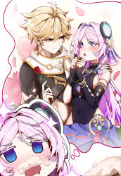 1boy 1girl absurdres aether_(genshin_impact) asymmetrical_sleeves blonde_hair blue_eyes blush carrying citlali_(genshin_impact) covered_navel detached_sleeves facial_mark flower foam_mustache forehead_mark genshin_impact hand_on_another&#039;s_shoulder highres holding holding_flower imagining leotard long_hair looking_at_another midriff open_mouth parted_bangs pink_hair princess_carry purple_leotard ribbed_leotard rose sleeveless_leotard smile sstthei triangle triangle_facial_mark yellow_eyes