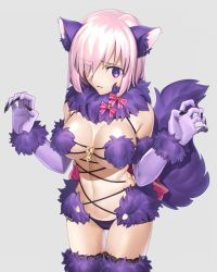 Rule 34 | 1girl, animal ears, blush, breasts, chietori, elbow gloves, fate/grand order, fate (series), fingernails, fur trim, gloves, hair over one eye, halloween costume, large breasts, mash kyrielight, mash kyrielight (dangerous beast), navel, official alternate costume, purple eyes, purple hair, revealing clothes, ribbon, sharp fingernails, short hair, simple background, solo, thighhighs, wolf ears