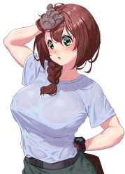 Rule 34 | 1girl, arm up, belt, black belt, blue shirt, blush, braid, breasts, brown hair, commentary request, green eyes, hand on own hip, highres, large breasts, long hair, miyu katou, onsoku inu, parted lips, shirt, short sleeves, solo, sweat, upper body, watch, wet, wet clothes, wet shirt, wristwatch, yuuki bakuhatsu bang bravern