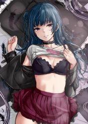 Rule 34 | 1girl, absurdres, arms up, bed sheet, black bra, black choker, black jacket, blue hair, blunt bangs, bra, breasts, breasts apart, choker, choker collar, clothes lift, collar, commentary request, frilled pillow, frills, from above, grey shirt, heart, heart print, highres, jacket, long hair, long sleeves, looking at viewer, love live!, love live! sunshine!!, lying, medium breasts, napo8593, navel, on back, on bed, open clothes, open jacket, pillow, pleated skirt, print shirt, purple eyes, red skirt, see-through, shirt, shirt lift, skirt, solo, stomach, tsushima yoshiko, underwear