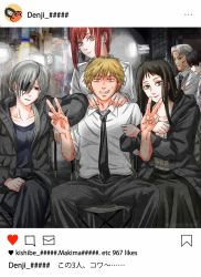2boys, 3girls, arm on shoulder, bangs, black eyepatch, black eyes, black hair, black hoodie, black neckwear, black pants, blonde hair, braid, braided ponytail, breasts, brown hair, business suit, chainsaw man, collarbone, crossed arms, facial scar, formal, green eyes, grey hair, h9r9h9r9, hands on another&#039;s shoulders, harem, hetero, highres, hirofumi yoshida (chainsaw man), holding another&#039;s arm, hood, hoodie, instagram, instagram username, kishibe (chainsaw man), legs crossed, light smile, long hair, looking at viewer, makima (chainsaw man), medium breasts, mole, mole under eye, mole under mouth, multiple boys, multiple girls, multiple moles, necktie, pants, ponytail, quanxi (chainsaw man), ringed eyes, santa claus (chainsaw man), scar, scar on cheek, scar on face, shirt, shirt tucked in, short hair, silver hair, sleeves rolled up, smile, suit, tank top, v, white shirt, yellow eyes