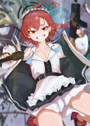 Rule 34 | 1girl, ahoge, apron, belt, black belt, black dress, blue archive, braid, center frills, dress, dual wielding, frills, grin, gun, highres, holding, holding gun, holding weapon, jacket, jianjia, long hair, long sleeves, looking at viewer, maid, maid headdress, mole, mole under eye, neru (blue archive), red eyes, red footwear, red hair, shoes, single braid, smile, solo, sukajan, weapon, white apron